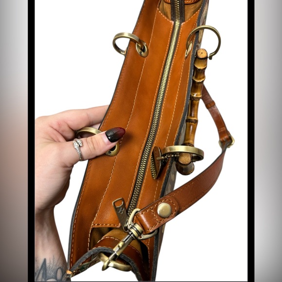 Patricia Nash Zancona Leather Botanical Garden Print Bamboo Handel Tote Bag NWOT - Picture 9 of 11